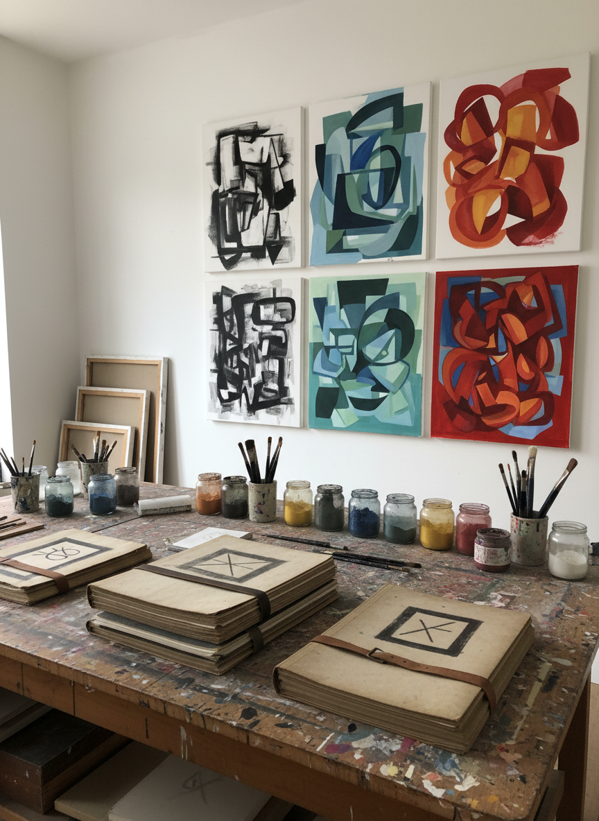 A refined studio workspace belonging to a contemporary artist, centered on a large, paint-splattered wooden table holding neatly stacked sketchbooks, pigment jars, brushes in ceramic holders, and flat portfolios labeled by series with abstract, non-readable symbols. Against a clean white wall, several large-format abstract works in progress are pinned in a grid, clearly grouped into distinct projects. Soft north-facing daylight enters from an unseen window, illuminating textures of paper, canvas, and paint while leaving the corners in delicate shadow. Photographic realism, shot from a slightly elevated angle with a subtle depth of field that keeps the midground crisp. The mood is focused, intellectual, and quietly energetic, underscoring process and professionalism.