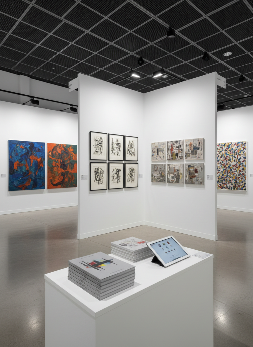 A polished exhibition overview scene showing several modular display walls in a contemporary art space, each wall dedicated to a distinct project by Olga Kopeleva. Each section holds a coherent set of artworks—some large canvases, some smaller framed pieces—arranged in clear series with understated, non-textual caption plaques aligned beneath. A central plinth supports a stack of sleek, unbranded catalogs and a tablet device with a clean, abstract interface suggesting project descriptions in multiple languages. Neutral, balanced gallery lighting from track fixtures highlights each wall evenly, while the smooth floor subtly mirrors the forms. Photographic realism, captured from a wide, slightly diagonal angle to emphasize depth and structure. The mood is professional, curated, and cosmopolitan, ideal for a projects or exhibitions page.