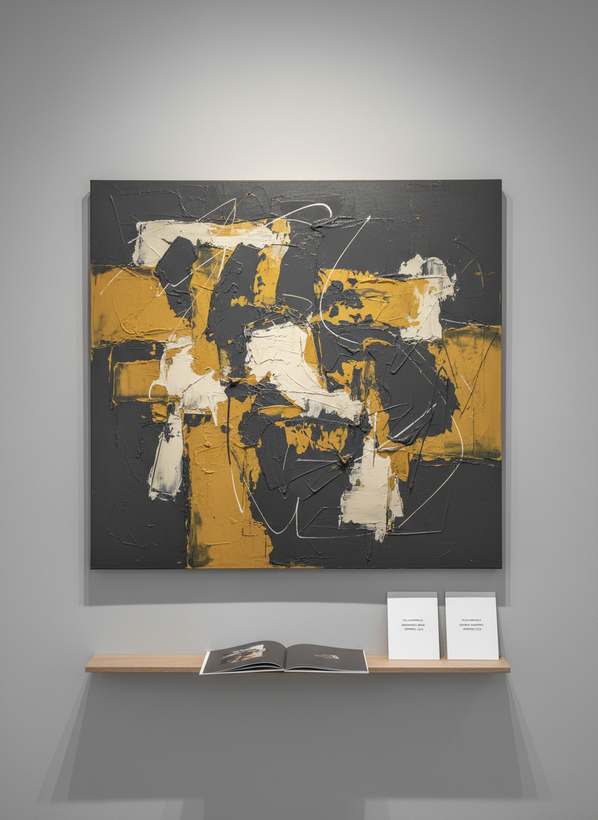 A close-up, photographic view of a single large contemporary artwork by Olga Kopeleva, mounted on a neutral gallery wall. The piece features layered, tactile surfaces with a mix of matte and subtly glossy paint, restrained yet expressive gestures, and a modern, sophisticated color palette of deep charcoal, muted ochres, and soft whites. Below the artwork, a minimal shelf holds a slim catalog and two sleek, unbranded information cards suggesting multilingual descriptions. Gentle directional gallery lighting from above creates a luminous gradient across the painting, emphasizing depth and brushwork. Shot straight-on with sharp focus, the composition is clean and symmetrical. The mood is contemplative and elegant, ideal for a portfolio project-detail page.