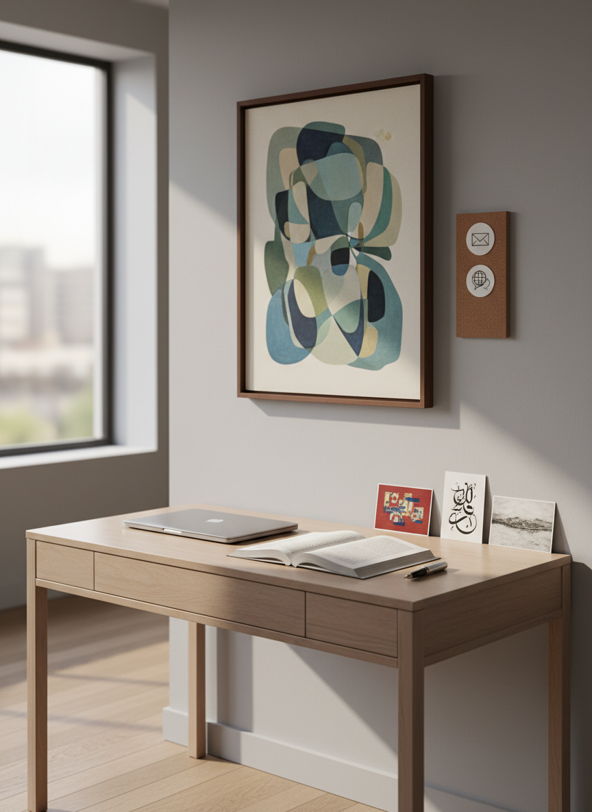 An elegant biographical corner for a contemporary artist, depicted without any human presence. A refined desk in pale wood stands against a soft gray wall adorned with a single, tastefully framed abstract artwork. On the desk lie an open, textless book with finely printed lines, a closed laptop, a fountain pen, and a few carefully arranged postcards showing miniature reproductions of artworks, hinting at different series and exhibitions. Discreet icons on a nearby cork board imply contact methods and multilingual options without legible words. Warm, diffused afternoon light from a side window bathes the scene, creating gentle shadows and a serene, intellectual atmosphere. Photographic realism, eye-level composition, with a shallow depth of field that subtly blurs the background for a sophisticated bio-and-contact page image.